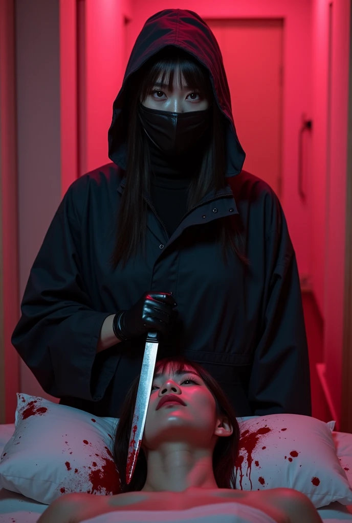 korean girl, (behind stiff, holding knife), stabbing, leather balaclava mask, black gloves, black raincoat, bloody knife, black gloves, woman on top, behind cadaver, blood splatter, on the bed, looking at viewer, mass murderer, killer, blood splatter, dark atmosphere, cinematic lighting, atmospheric realistic, [pink room:0.5]
