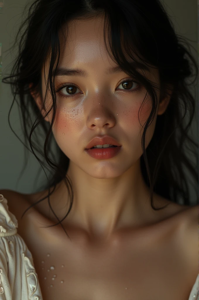 A naked girl with a wet face