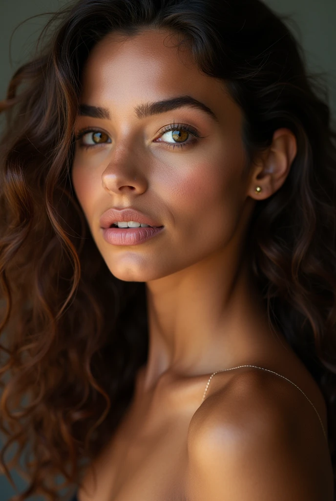 20 year old woman with dark skin of Spanish origin ,green brown eyes , light brown curly hair , full lips , fine trait , studio light