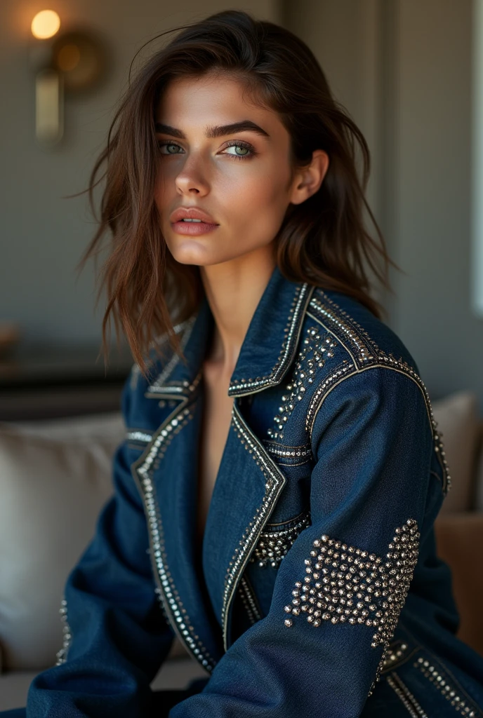 European woman model wearing a denim jacket with embedded silver studs, extremely luxurious 
