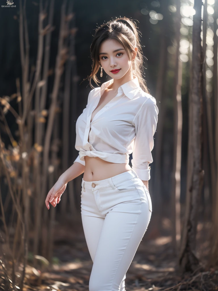 1 beautiful girl wearing a work shirt, ((sexy thin white shirt)), long platinum purple ponytail. Hair, Jewelry, Earrings, Thin black silk scarf, Carefully painted big purple eyes, Carefully made up, Thin eyebrows, High nose, Beautiful red lips, Bright smile, Pursed lips, Blush, Wide chest, Big chest, Shapely chest, Slim waist, Shapely buttocks, Purple fishnet stockings, Chinese Hanfu style, Fictional art pattern, Colorful and realistic, RAW photo, Realistic photo, Ultra high quality 8k surreal photo, (Effective magic light effect: 1.8), 10 x pixels, Magic effect (Background): 1.8), Super detailed eyes, Full body portrait of a girl, Vineyard, Dynamic, Pose (Depth of field f/1.8:1.45), Sharp focus, Original photo, (Thin white shirt:1.45), (Thin white pants:1.4), (Thin body tight white pants:1.4), (Thick thighs:1.5), (Direction forward:1.25), (Cowboy Photo:1.4), (Night Sports:1.4), (Dark Sky: 1.5 ),