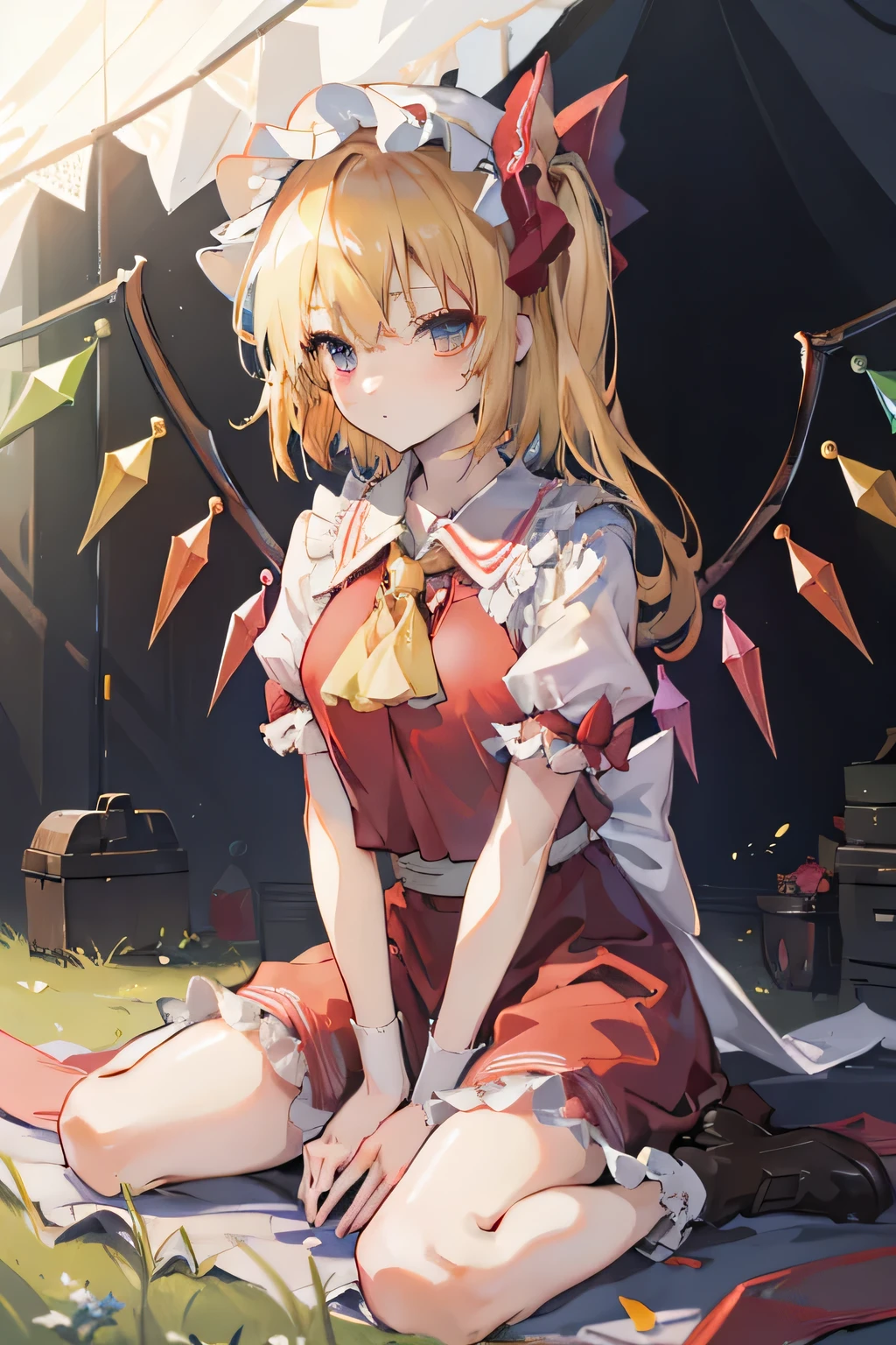 (masterpiece),best quality, expressive eyes, perfect face, 1girl,
big breast, H-cup, good breast, beautiful, gorgeous,anime,girl,lora, floating clothes, tent chest ,
hands on waist, hands on hips, nipple visible  though clothes,flandre scarlet,
1girl,blonde hair,mob cap,hair bow,bowtie,side ponytail,wings,short sleeves,vest,ascot,1wings,1 pair of wings