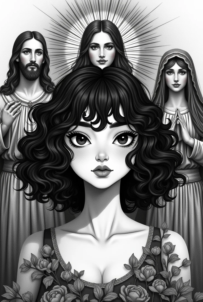 Create a drawing of a black color, with big, voluminous black curly hair, Layered cut, With a round face, eyes black, arched eyebrows, round nose and a beautiful mouth, a teenage girl, and with a black spot below the eye and with Jesus Christ on one side and Our Lady of Aparecida on the other. 