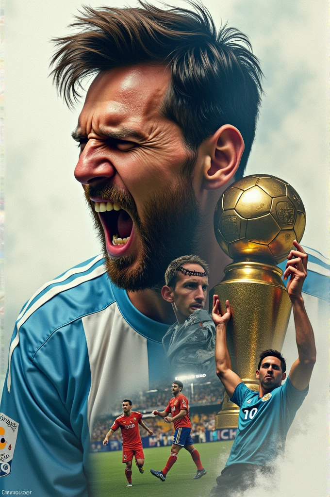 A montage-like image showing a progression of Messi's journey: from the initial injury to training, then back on the field, and finally lifting the Ballon d'Or. The image should blend these scenes, emphasizing his journey and unbreakable spirit.Hyper realistic