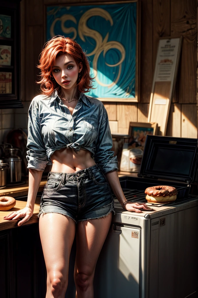 Christina Hendricks, masterpiece quality, (masterpiece quality:1.3), high res, realistic, lots of detail, alone, 1girl, (1girl:1.9), solo, in a busy restaurant, large buffet table in background, at a Golden Corral buffet, short hair, wearing choker collar, wearing black crop top, wearing blue jean miniskirt, wearing fishnet stockings, wearing g-string, thin body, (thin body:1.5), small breasts, (small breasts:1.9), lots of cleavage, smiling,
