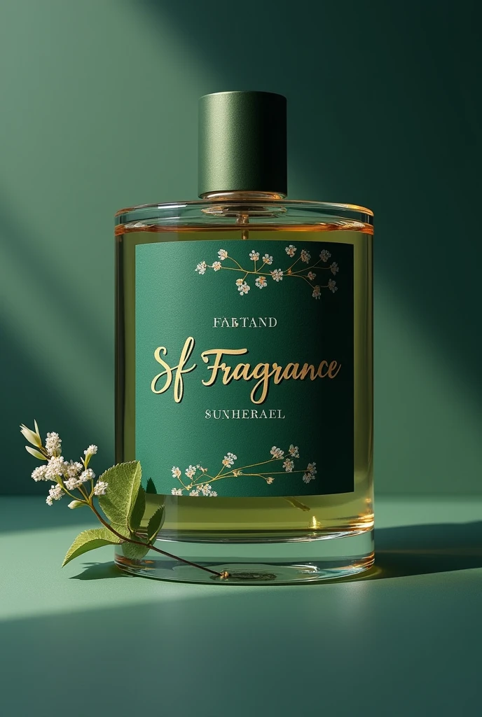 Here is the 3D label I created for your artisanal perfumery "SF Fragrance". It features a sophisticated combination of soft gold and deep emerald green., with a minimalist and elegant design. The brand is highlighted with a cursive font, centered on the label, accompanied by a subtle floral pattern. 

If you need adjustments or more details, I am available!