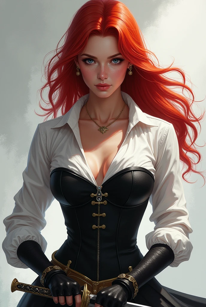 a gorgeous woman wearing a white silk shirt with a deep v neck, brown leather pants, and a belt, cinched waist, dramatic lighting, photorealistic, high fashion editorial, corset, red hair, large breasts