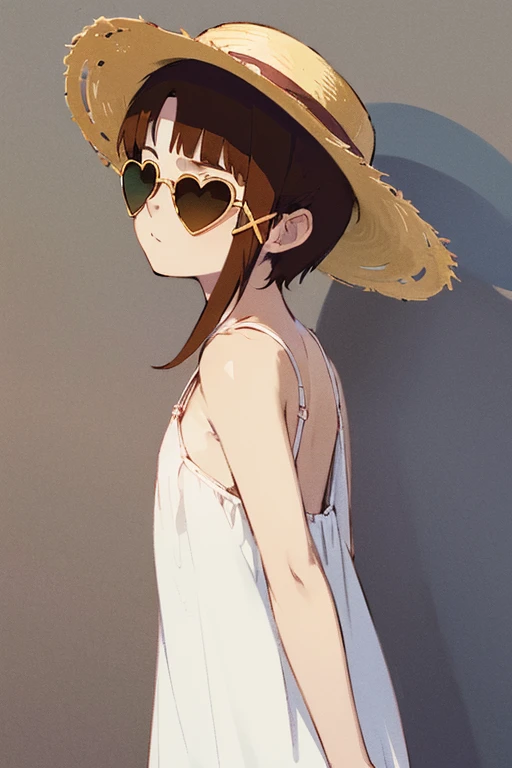 (((Anatomically correct))), (masterpiece, Highest quality), (monochrome), Highest quality, Amazing details, Line art, Written boundary depth, Flat Shading, 1girl, solo, ((iwakura lain)), (iwakura lain wearing sunglasses and big straw hat is posing proudly on a street), looking back, white summerdress, Expressive eyes, Perfect Face, Art Nouveau, Bokeh, (skinny, flat chest, small breast), chibi, look at a viewer, ((heart- shaped sunglasses, straw hat))