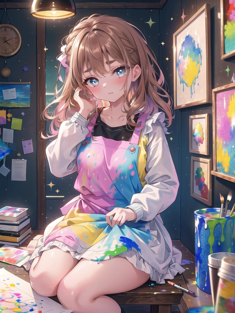 ((8k, Highest quality, masterpiece: 1.3)),Ultra-high resolution,(1 girl, alone), (Color changing eyes, Ultra-detailed, Expressive brilliance, Glitter, Glowing Eyes), Highly detailed eyes, Highly detailed face, Random Hair, ((pastel colour))A young girl with short, wavy brown hair is sitting at an art desk, painting on a canvas. She’s wearing a colorful, paint-splattered apron over her clothes, and her hands are slightly messy with paint. Her expression is one of pure concentration, her eyebrows slightly furrowed and her lips pressed together in a determined line as she focuses on her artwork. Occasionally, she glances up at the viewer with a thoughtful look, as if seeking approval or inspiration. The background features an art studio with various paintings and sketches hung on the walls, and a few other art supplies scattered around,(nsfw:1.4)