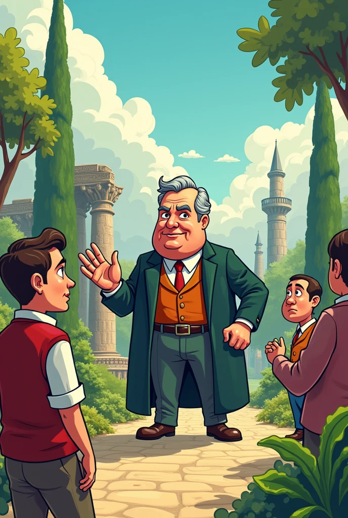 Let's create a cartoon about a historical park of Bulgaria, where the boss has an obsession with grandeur, and his subordinates are ready to die for him, no matter if he manipulates them financially