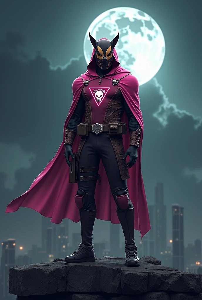 high-tech suit, vivid effects, malaysian superhero (KELUANG MAN) in a striking pink and dark brown costume cyberpunk design, mask small mini bat ear beige, daredevil dark brown mask, jumpsuit dark pink stands confidently in a dramatic, stormy landscape. ((Head covered node guard like batman , athletic body type, small mini ear bat mask dark brown,))The character wears domino mask a helmet with pointed mini torn ears and a flowing cape biege, open nose and mouth. Equipped with visible futuristic weapons on a belt,bullet proof jacket pink dark day, dark night, big supermoon effect .logo on chest triangle shape small punisher logo center triangle cyber logo center on chest pink logo mini logo . rocky. Building top. , adding to --ar 3:4 --style raw --stylize 500 --v 6.1