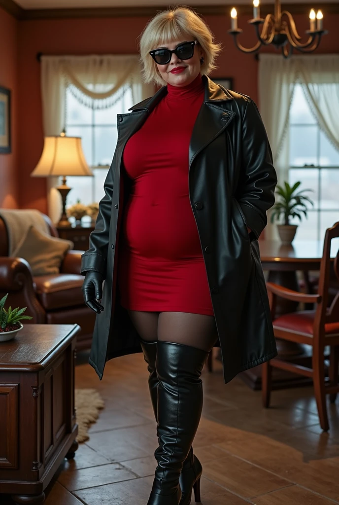 full body photo. 35 year-old voluptuous Iowa girl next door. kind face. short blonde layered paige style hair. wearing black rayban sunglasses. sharp red painted lips. standing in family room of classic ranch house in Iowa. early morning. snowfall. Wearing black leather winter trench coat. red turtleneck dress. glossy dark pantyhose and black leather thigh high,high heeled boots. very Long black tight leather gloves. sultry smile.