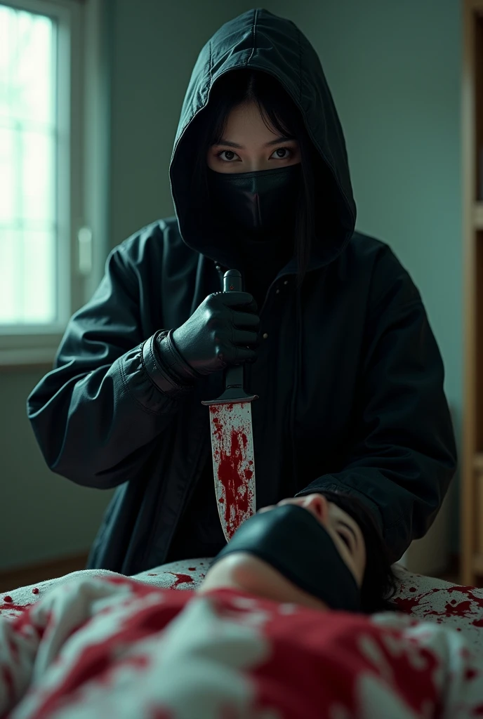 korean girl, (behind stiff, holding knife), stabbing, leather balaclava mask, black gloves, girl's room, black raincoat, hood up, bloody knife, black gloves, woman on top, behind cadaver, blood splatter, on the bed, looking at viewer, girl only, mass murderer, killer, blood splatter, dark atmosphere, cinematic lighting, atmospheric realistic, light from the window, close-up,