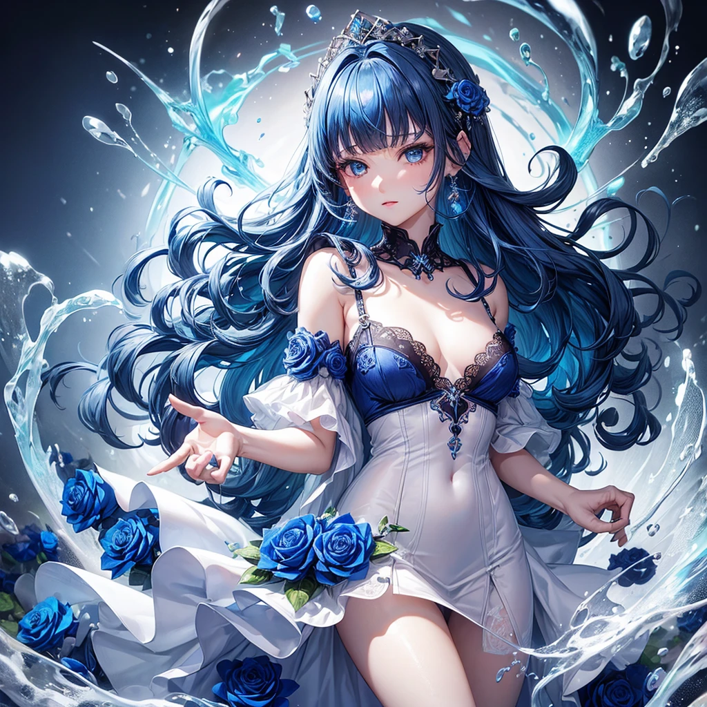 ((Highest quality)),(Ultra-high resolution),Deep blue rose dress,Highly detailed CG Unity 8k wallpaper, Cool, lots of Earrings, Earrings, Blue hair, Curly Hair, Blunt bangs, Straight bangs, Blue eyes, White skin, Gal, Improve、Flat Chest、Reduce exposure