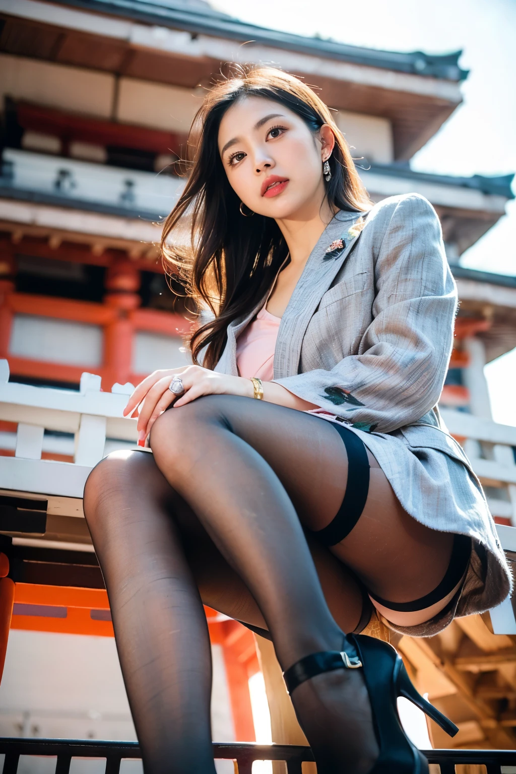 masterpiece, Bokeh, (Beautiful Face), (Detailed face), (Perfect hands), (Japanese Idols:1.6), (suit:1.3), (Super realistic modern print pantyhose:1.3), (Sit at the top of the tower:1.3),( Balcony of a high rise apartment:1.3), (Blushed:1.3), High heels, (From below:1.7), Beautiful mature woman、