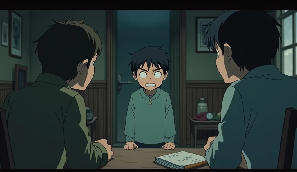 a young adult is in a partially dark room arguing with his parents the young adult son has an angry facial expression, studio ghibli style scene, studio ghibli style art, art style hyper identical to studio ghibli