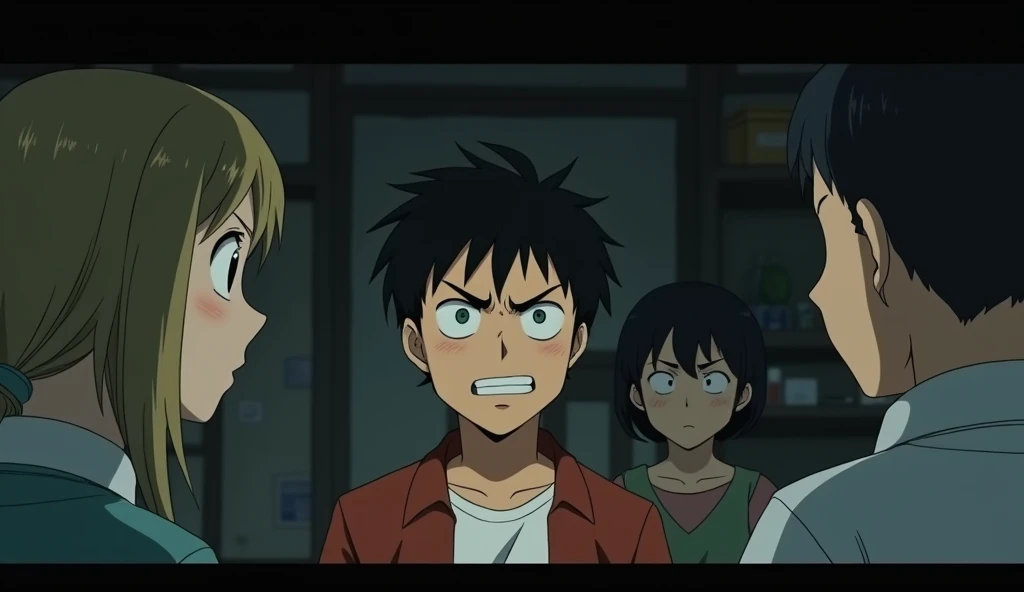 a young adult is in a partially dark room arguing with his parents the young adult son has an angry facial expression, studio ghibli style scene, studio ghibli style art, art style hyper identical to studio ghibli