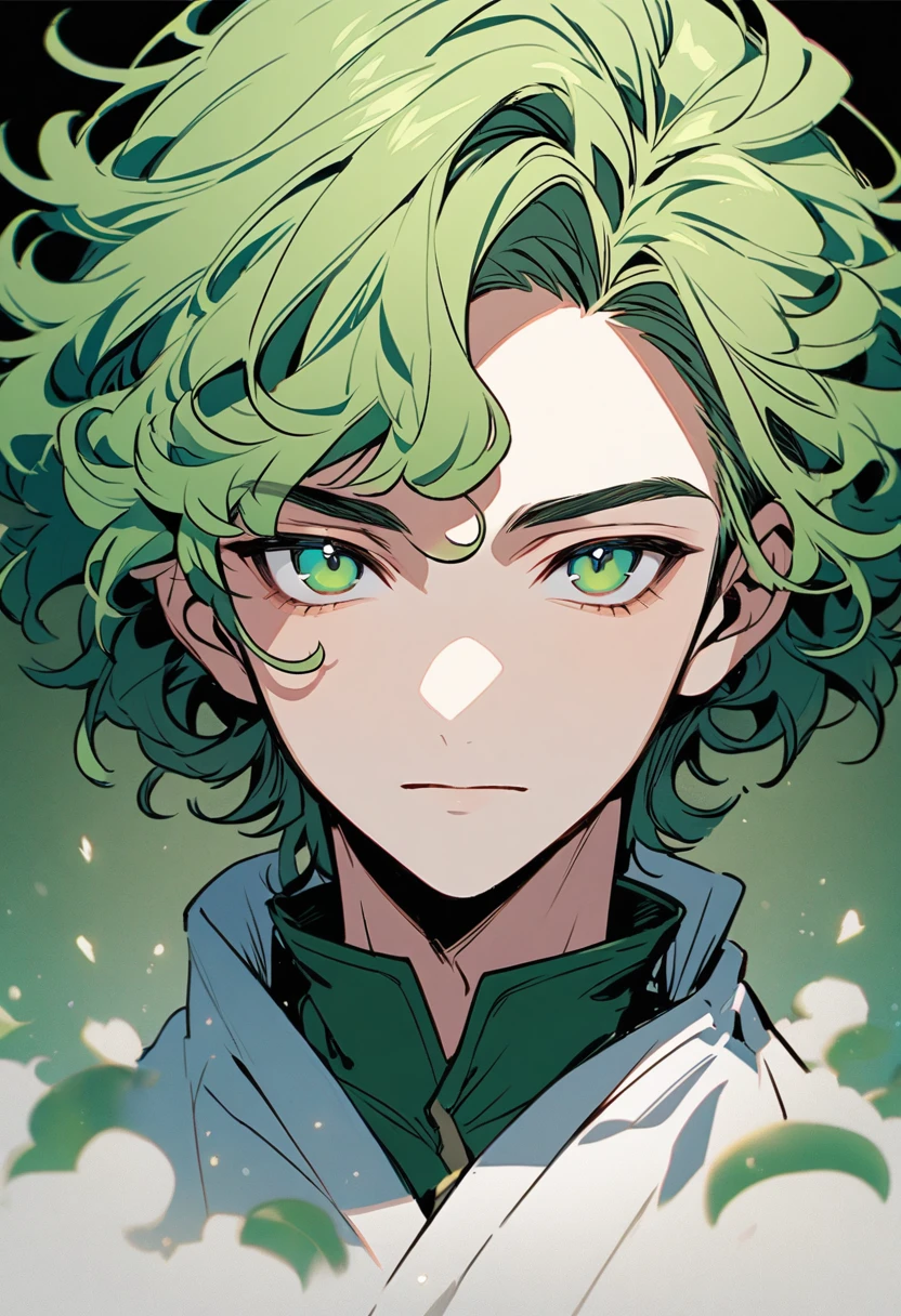 male, solo, handsome, curly hair, short hair, green hair, green eyes, beautiful color, main face