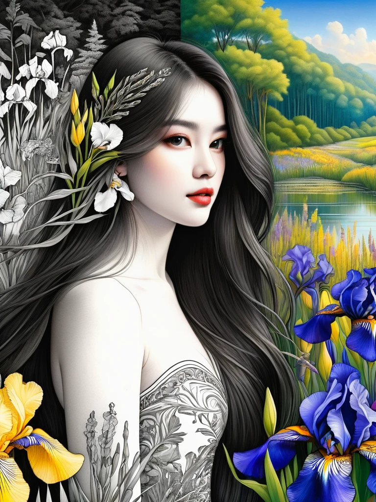 Bird，Wildflowers and irises in a forest setting，1 image of a long-haired beauty，Artwork should be in pencil drawing style，Transition from black and white on the left half to bright colors on the right half，Ensure seamless integration between the two halves，No dividing line，The scene is the same on both sides，Black and white pencil detail on left side，Right side filled with color，The blend formed in the whole image，Perfect details, animation art style, Large murals, Sharp contrast between light and dark