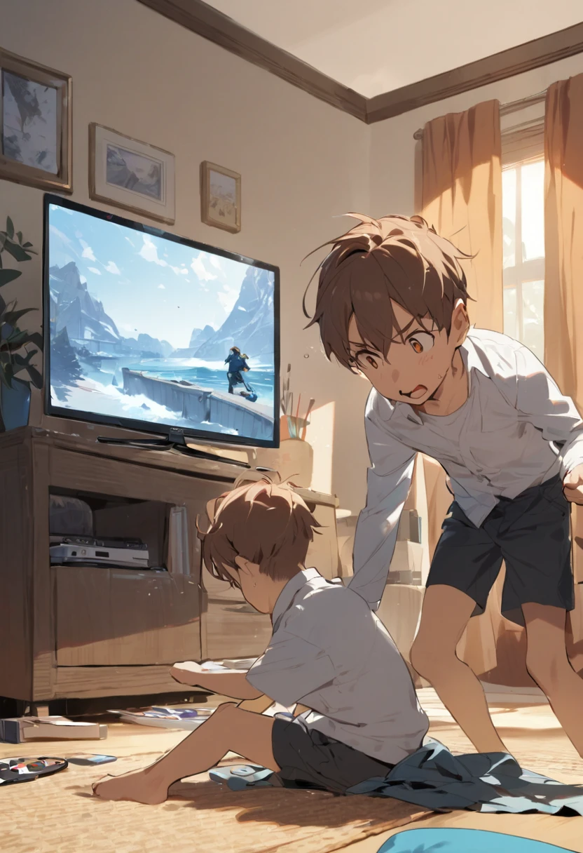 Two boys trying to turn off the TV.