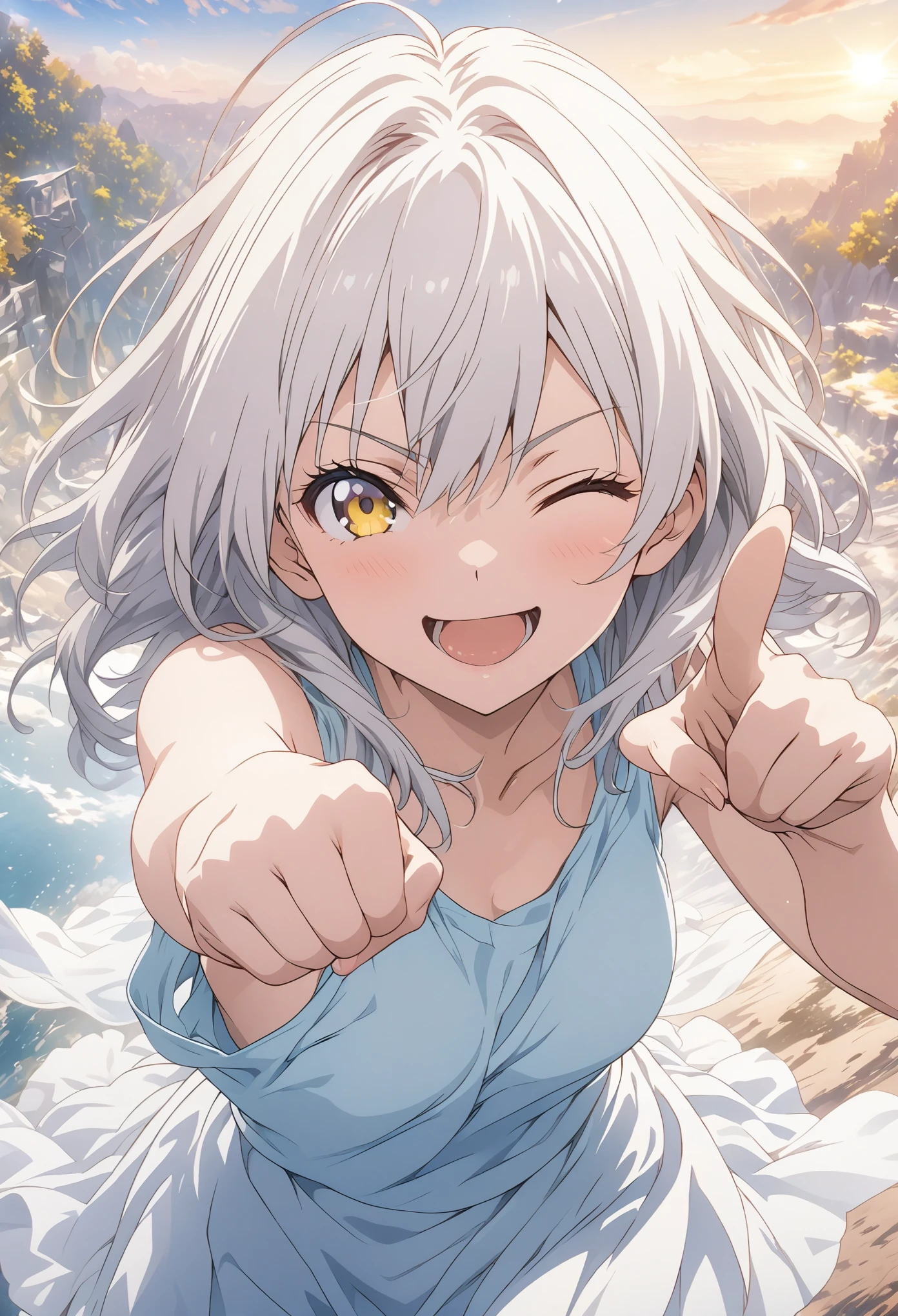 masterpiece, Highest quality, Highly detailed CG Unity 8k wallpaper, High School Girl Anime Illustration. Wear an oversized tank top、Pointing a gun pose、she has her eyes closed and mouth open, smile. The background is a light pastel colored landscape., white hair color, Yellow Eyes