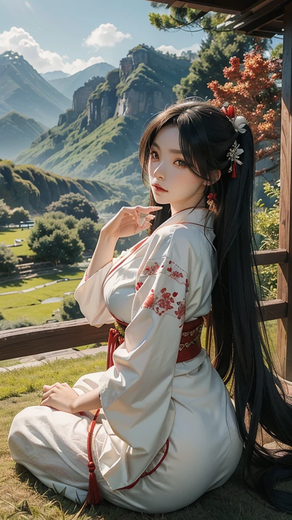 Title: Mythical Encounter in the Hills
Description: Create a digital artwork featuring two characters in a lush, green landscape with rolling hills and a clear sky. The scene should blend traditional Japanese elements with mythical themes, creating an intriguing narrative.
Characters:
Foreground Character:
Appearance: Mythical creature with green skin, long white hair, and large curved horns, resembling a humanoid goat.
Attire: Adorned with red and gold bracelets, intricate white markings on the face.
Pose: Seated on the grass with one hand resting on the ground and the other holding a red string or thread.
Expression: Calm and contemplative.
Background Character:
Appearance: Human figure wearing traditional Japanese attire, possibly a kimono with white fabric and red patterns.
Hair: Black, styled in an updo with red ornaments.
Pose: Standing behind the mythical creature, facing away from the viewer, looking towards the horizon.
Expression: Serene and thoughtful.
Setting:
Location: Lush, green landscape with rolling hills and distant mountains.
Time of Day: Daytime with a clear sky and soft sunlight.
Atmosphere: Peaceful and serene, with a sense of harmony between the characters and their surroundings.
Details:
Lighting: Use soft, natural lighting to highlight the characters and create a sense of depth.
Costume Design: Reflect traditional Japanese attire with attention to detail in patterns and accessories.
Atmosphere: Incorporate elements like gentle sunlight and subtle shadows to enhance the tranquil mood.
Text Elements:
Top Right Corner: Japanese character “理” (meaning “reason” or “logic”).
Bottom Left Corner: Japanese text "Really scary fairy tales" (translates to “truly scary fairy tales”).