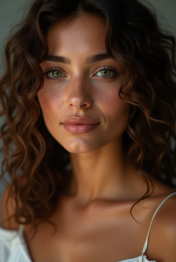 20 year old woman with dark skin of Spanish origin ,green brown eyes , light brown curly hair , full lips , fine trait , studio light 