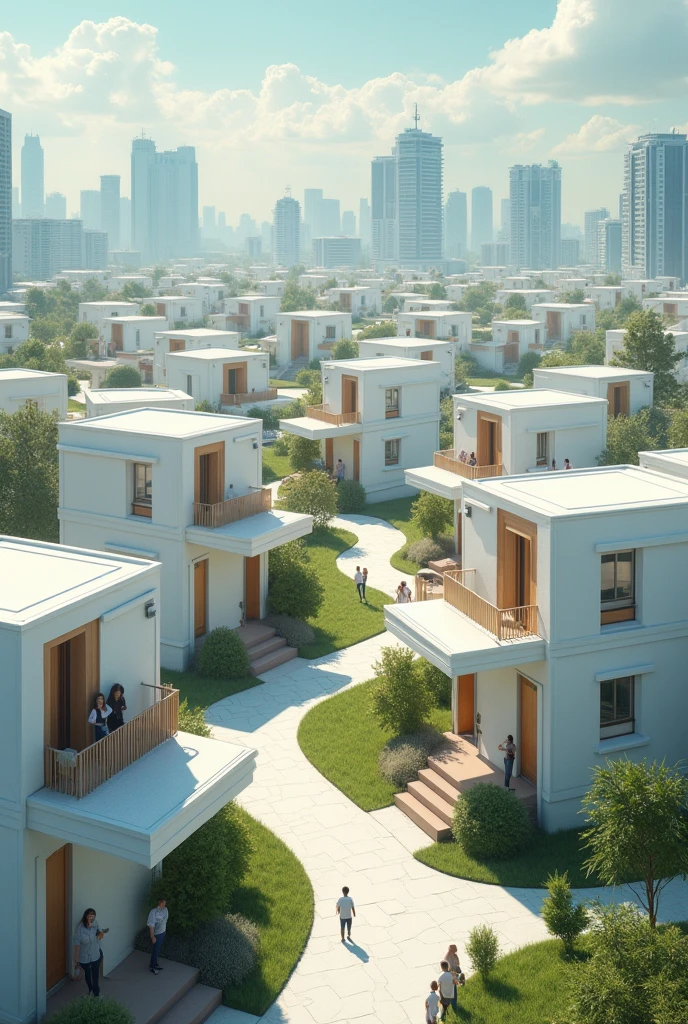 A utopian world in which technology is very advanced , The houses all look the same and the people very happy