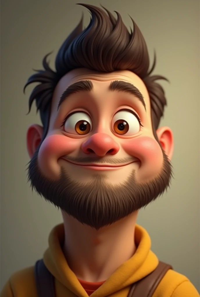 A round shape face has a small nose nd Little open eyes and beard 