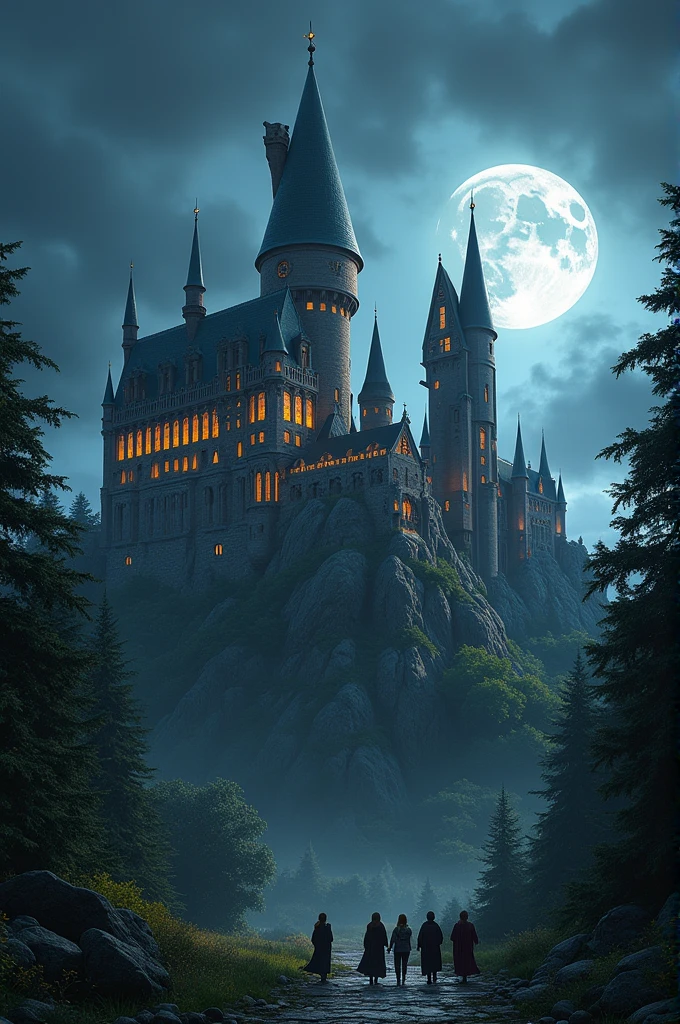 Like Hogwarts but don't copy it make it creative and full school should be seen make a full school in one photo and in background night it should be moon and long trees besides the school and some birds. The scenary should be thuder weather you can add shaders too