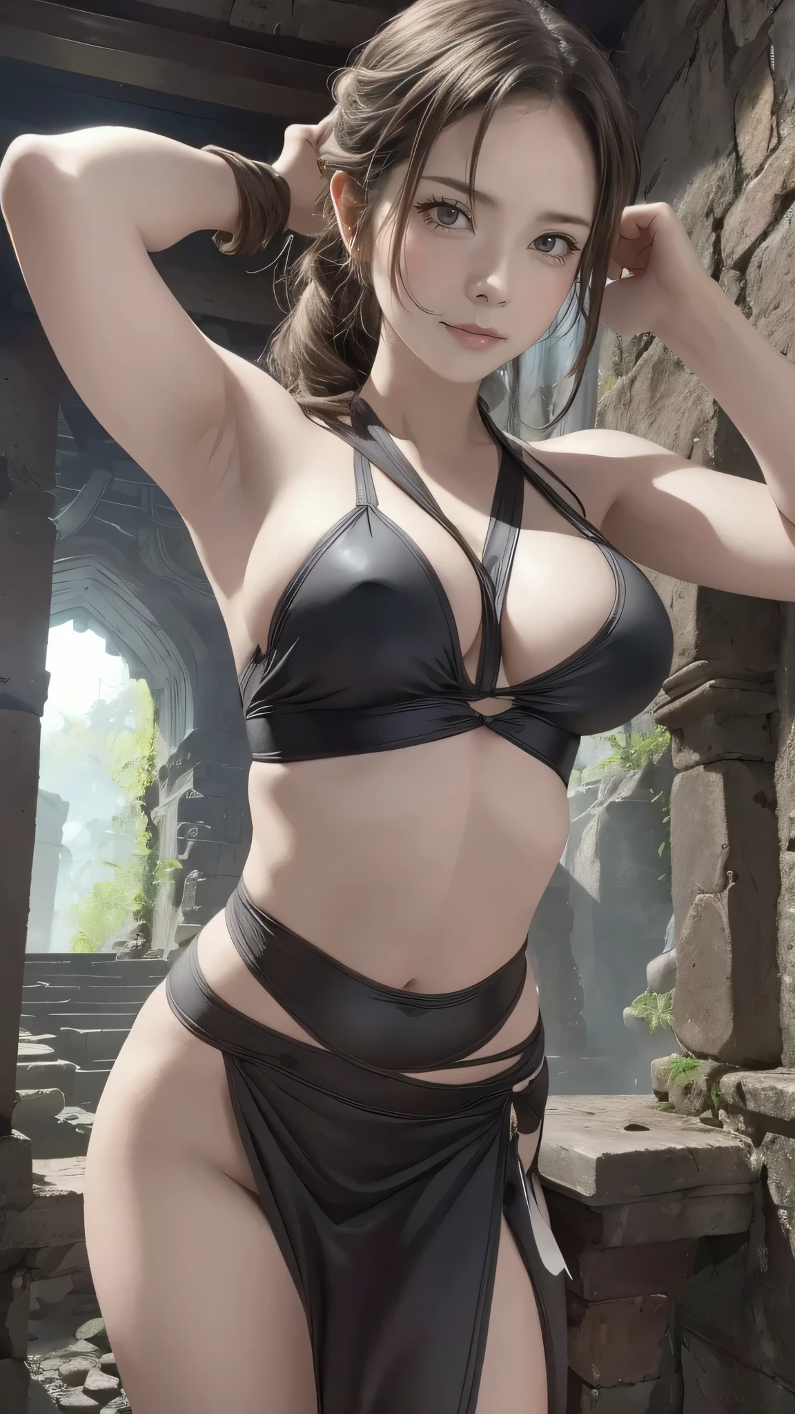 Image of Tomb Raider in the ruins,lara croft costume,(prepare a bow:1.2),(Thin type:1.8),(big breasts),(random hairstyle),(Highest image quality,(8k),ultra-realistic,best quality, high quality, high definition, high quality texture,high detail,beautiful detailed,fine detailed,extremely detailed cg,detailed texture,a realistic representation of the face,masterpiece,Sense of presence)