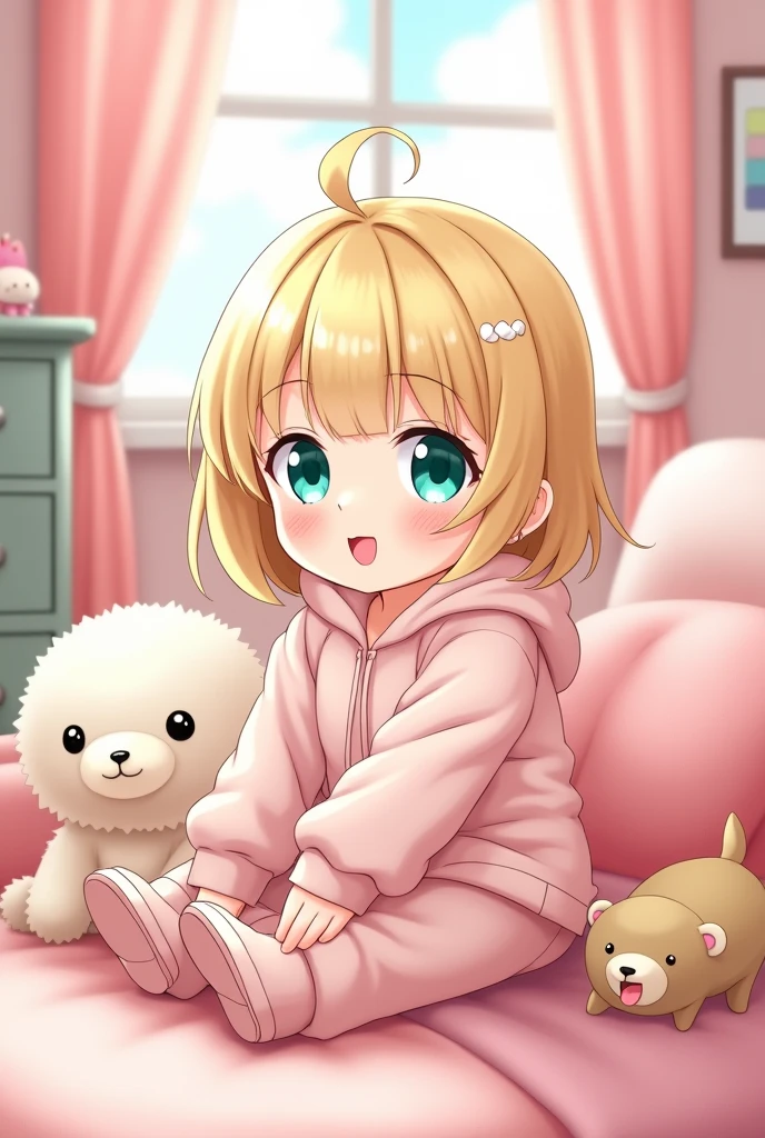 child, like , short dark blonde straight hair, and turquoise eyes, wears puffy casual clothes, In the background, is in the cute pastel pink room. anime style.
