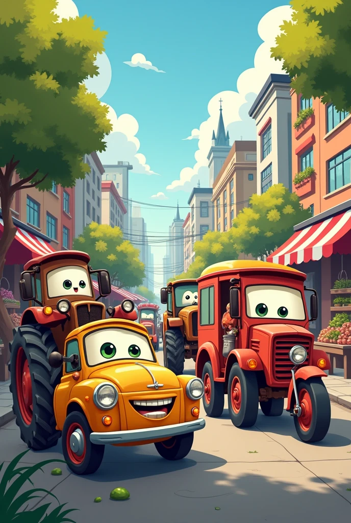 The car, the tractor, the bus and the bike happily exploring the city, with buildings, trees and the market in the background