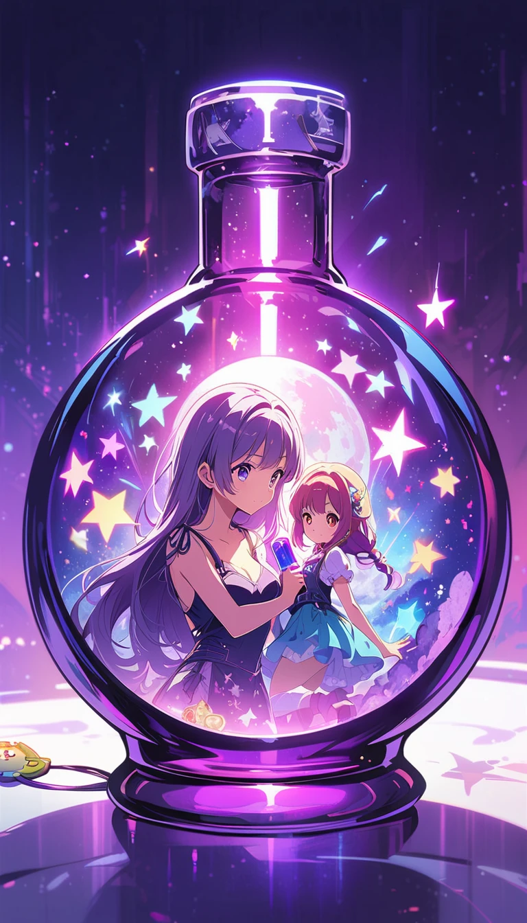 Keychain Magic Moon Magic Bottle,Colorful lights flashing in the transparent glass,There are detailed stars in the background,Anime art style,Detailed Disney character designs,With detailed illustrations。It has twinkling effects and glowing stars,Light purple and white background,Purple theme,Glowing colors,There are twinkling stars around