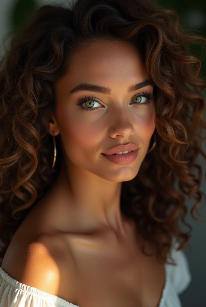 20 year old woman with dark skin of Spanish origin ,green eyes , light brown curly hair , luscious lip , trait fin , Studio Light