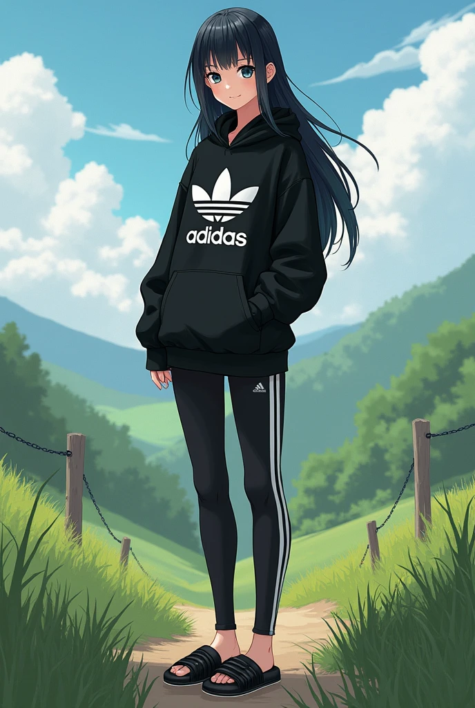 beautiful tall anime girl, black hair, wear black adidas slippers, black eyes, barefoot, wear black adidas cap, wear black adidas hood, wear black adidas leggings, background is countryside