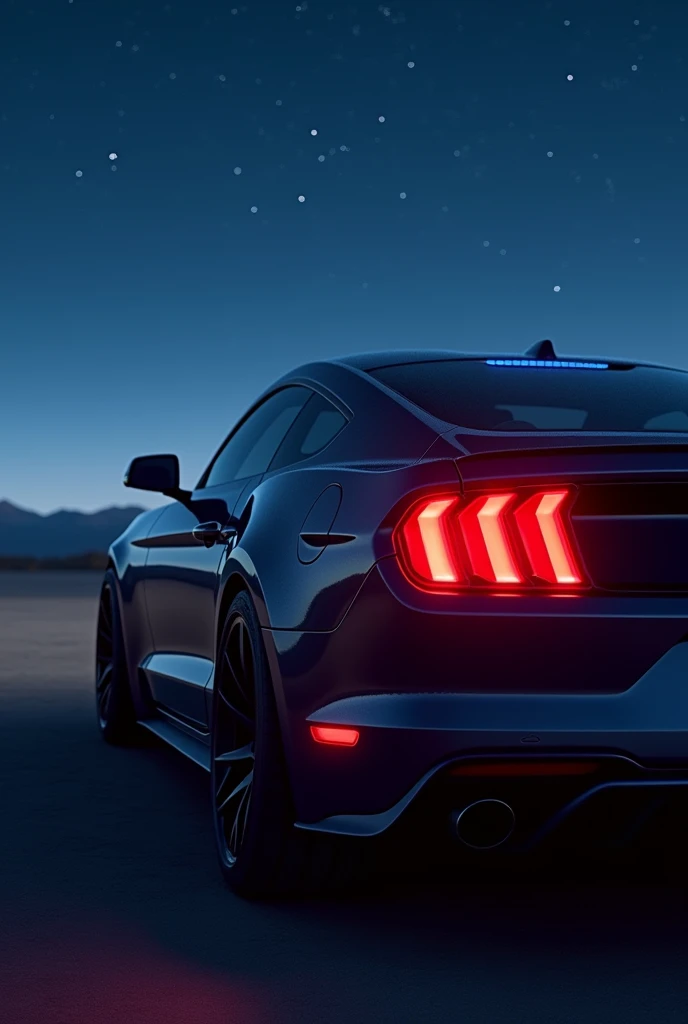Mustang GT with red light in open night sky with blue headlight with fox
