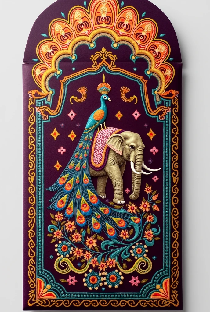 create an embroidered envelope for Pakistani wedding, should be colourful and aesthetic, targeting royal weddings, used for giving money so size should be 3 inch heighy and 7 inch length. Should be modern and design shoild be only front flat surface. can be inspire from Pakistani local and truck arts. Can include peacock or elephant. Can you give more options and it would be making on computerised machines. not like these. But some thing else only front page should be modern. And apealing. Not like this one. Can be small designs
