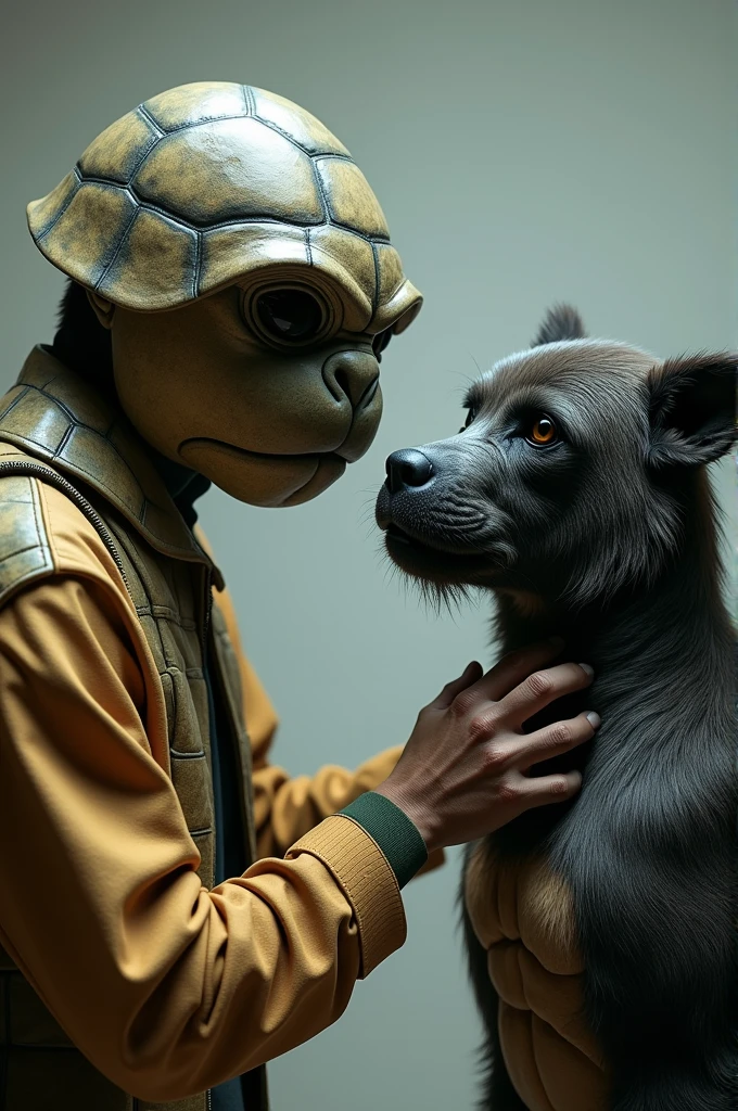 A person wearing a turtle mask petting a dog wearing a gorilla mask
