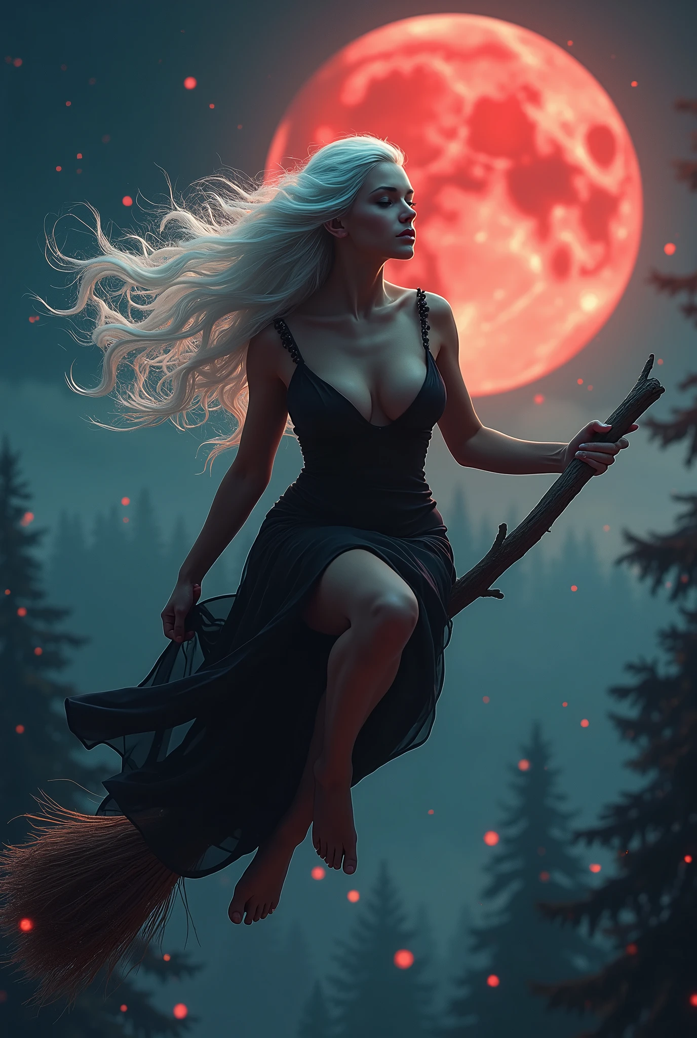 Sexy witch, flying on her broom, brunette, perfect face, white locks of hair, big breasts, cleavage, starry sky, flying over forest, red full moon.