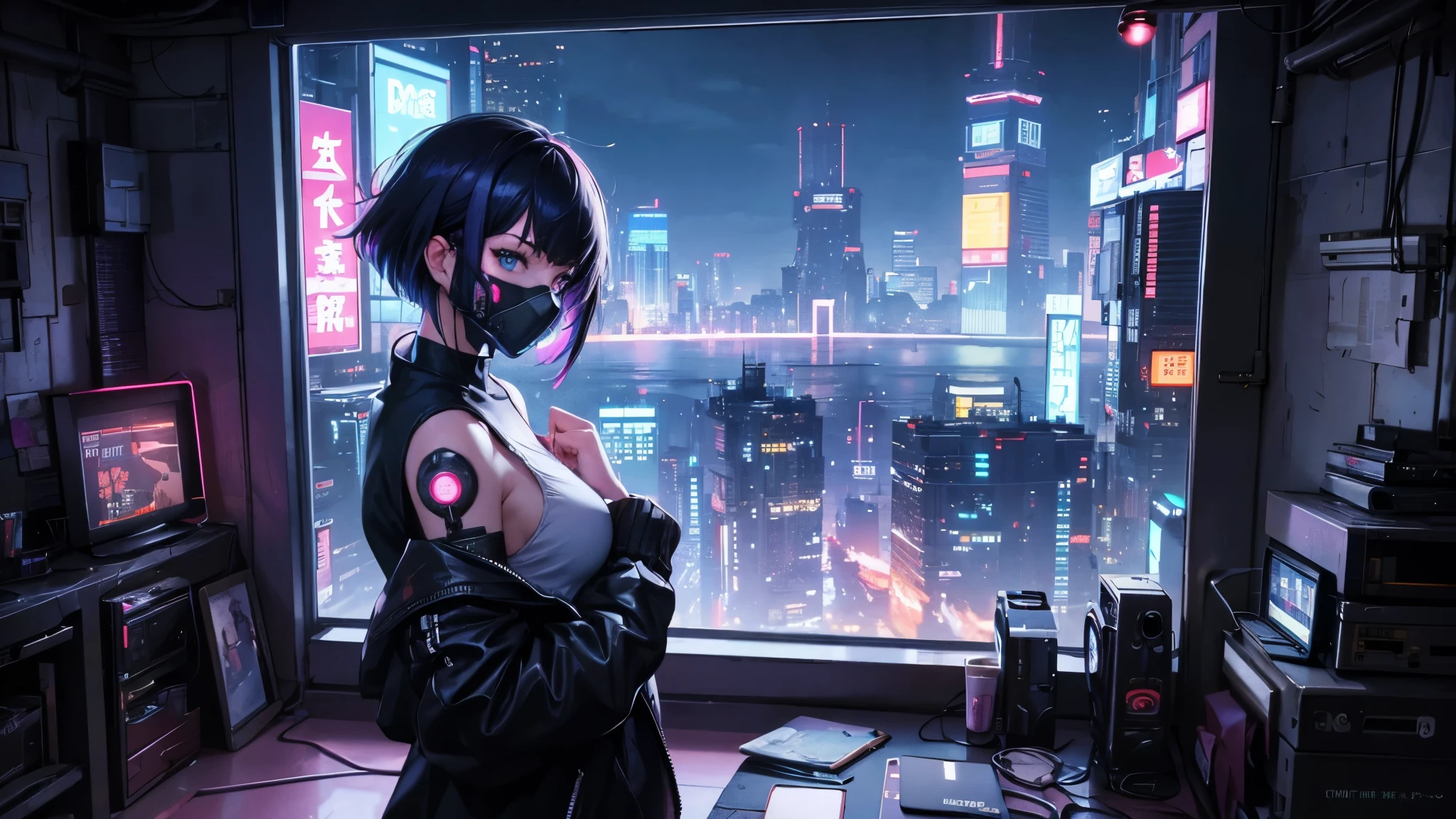 One person, alone, mask, Landscape,View your viewers,Looking out the window,cyber punkシティの夜,Relax in a modest bed,Edge of the screen,Short Hair,, whole body, Black Hair, mouth mask, Holding, blue eyes, Tank top, A large room for a single person with a large window on the front wall, , Halftone, cable,Neon Light,(cyber punk:1.2),