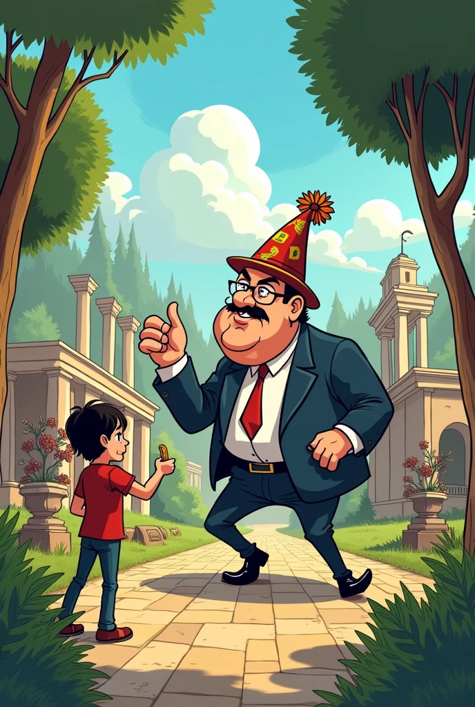 Let's create a cartoon about a historical park of Bulgaria, where the boss has an obsession with grandeur, and his subordinates are ready to die for him, no matter if he manipulates them financially