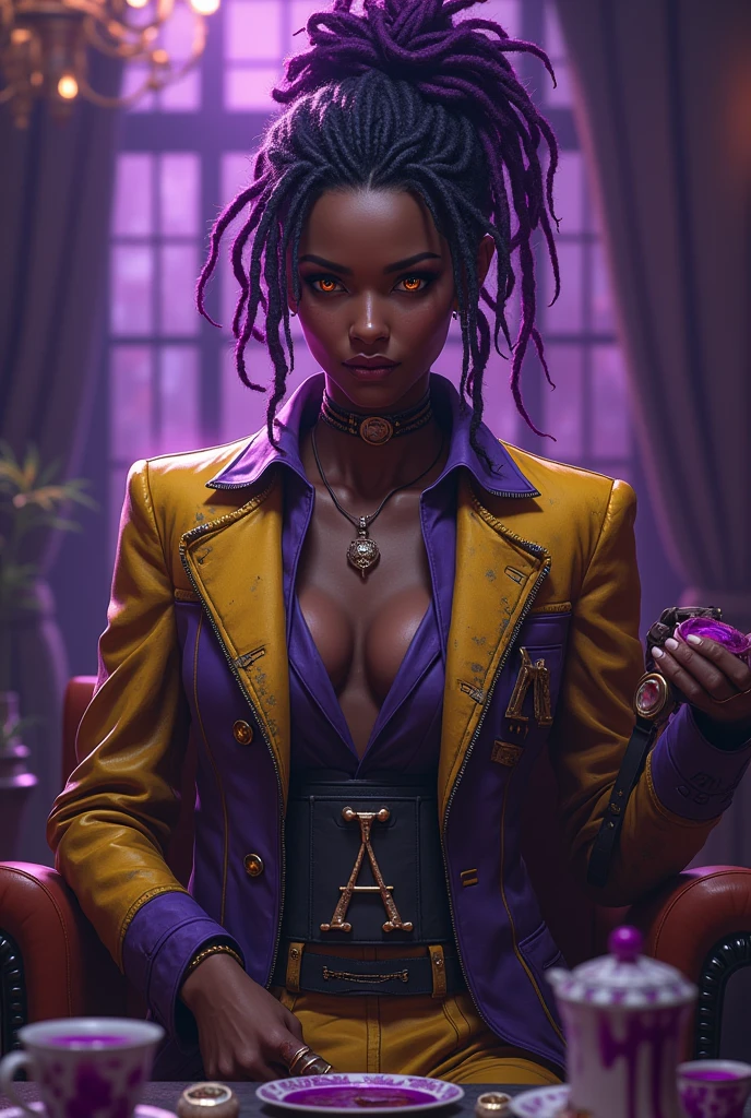 2people, 1 man, 1woman "Rumble for Wonderland: mad capper", fighting game character profile art, stylish mist aromatic prurple and white text,: depicting (((irish-caribbean agender person))),dressed as an futuristic grim fantasy mad hatter, in a purple and black tea parlor, wearing a slick yet battle worn,purple and dirty yellow mad hatter three peice suit over shirt with a slashed open and a purple and violet striped cap, they have purple and gold dreadlocks pigtails, beautiful and handsome, lanky physique, gold and violet swirl eyes), they are holding a mad hatter dinner party with a kidnapped woman, dressed in a black Alice in wonderland type outfit with an "A" printed on them,,shakled in their chair, completely unresponsive, a purplish liquid running from the woman lips, she is doe eyed as the madcapper squeeze her face a look of madness Anger and passion on the madcapper features: Horror futuristic fantasy, fighting game art, perfect anatomy, perfect face, perfect hands, perfect physique, perfect lighting, perfect perspectives, masterpiece, hyper-detailed characters, 2.5d, sharp gradients, deep highlights, ultra hires animation, hyper-detailed human features, hyper resolution cel-shaded, best quality, expressive eyes, hyper-hdr, 8k, UHD, hyper- absurdres, hyper-aesthetic, depth of field,