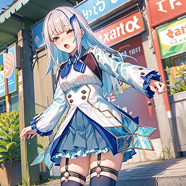 Highest quality, High resolution,(Ahegao),blush, fingering, schlick, masturbation, lh1, hair ornamnet, long hair, long sleeves, pleated skirt, blue thighhighs, 手链, frilled skirt, white jacket, white shirt, blue skirt, thigh strap,(Anatomically correct), Saliva stringing, Standing leaning forward,Inner thighs,remote_vibrating,remote_play,Anatomically correct,