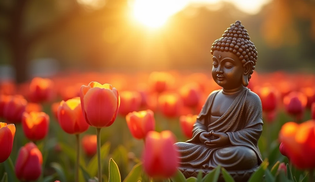 buddha flowers tulips garden sun