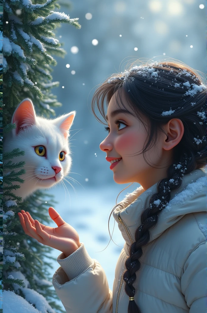 Snowy Found Scene: Show Sara’s face lighting up with joy as she hears a soft meow. Nearby, Snowy is stuck in a bush. The bush is dense, but Snowy’s white fur is clearly visible, and Sara is reaching out to help him