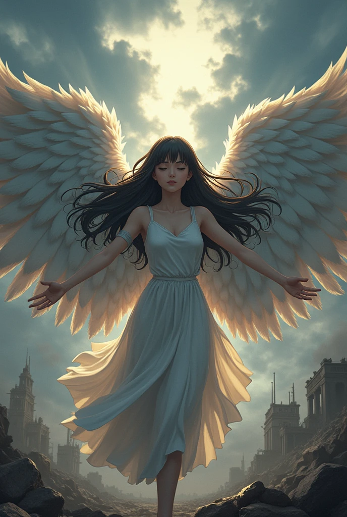 Saint Seiya style anime girl, extremely long dark brown hair, closed eyes with long eyelashes, beautiful face and pink lips, spreading his arms as huge wings sprout from his back spread out, In an apocalyptic world of destruction