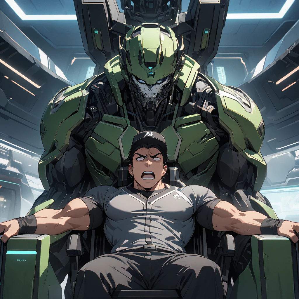 masterpiece, best quality, 8K, ultra res, extremely detailed,, Futuristic laboratory. Anime illustration style. A male baseball player is sitting in a mechanical chair and being brainwashed. A wild-looking man. Muscular. Black baseball uniform. A bold face. Short black hair and black eyes. Wearing a black visor. Struggling and trying to resist.