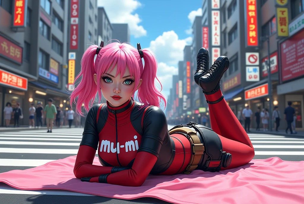 ((Highest quality)), ((masterpiece)), (detailed), (Japanese middle-aged woman), (Deadpool costume and makeup:1.5), (White letters on the chest「mu-mi」it is written like this:2), Deadpool woman with pink hair and twin tails、Lying on a pink bath mat at Tokyo&#39;s Scramble Crossing、Surrounded by passers-by。