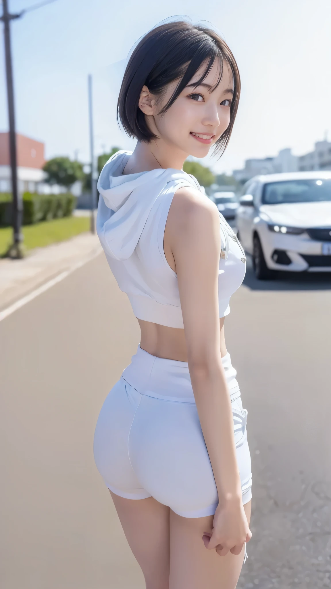 (8k,Ultra-high resolution,Highest quality,masterpiece,Realistic,Ultra-high resolution,High-quality RAW color photos,Professional photos,Realistic,Realistic),Natural skin texture,Fine skin,Hyperrealism,Intricate details,Adult women,Eye highlights.Lip gloss,Shiny skin,Glossy Lips,((Cute smile),Short Hair,Black Hair),((((look back,back angle,Tight fitting white high waist shorts),White sleeveless hoodie),Sandals,See-through nipples,Cute smile,face focus,front zipper,gigantic ass)),Streets of skyscrapers,open legs